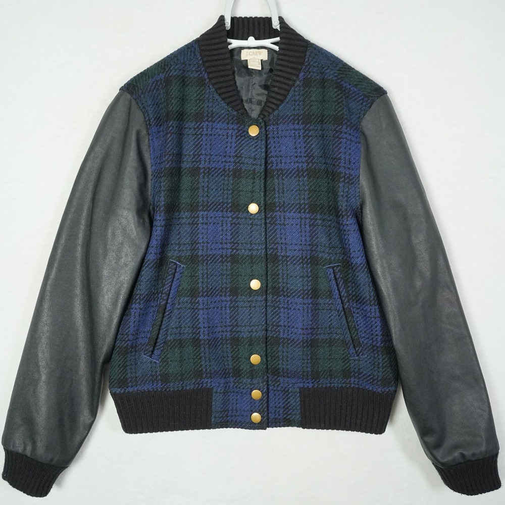J.Crew Black Watch Plaid Wool Blend Varsity Jacket Faux Leather Sleeves Size L
